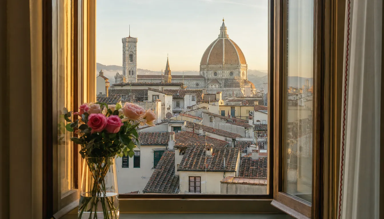 Dalla finestra della suite: i tetti dell'Oltrarno e la cupola