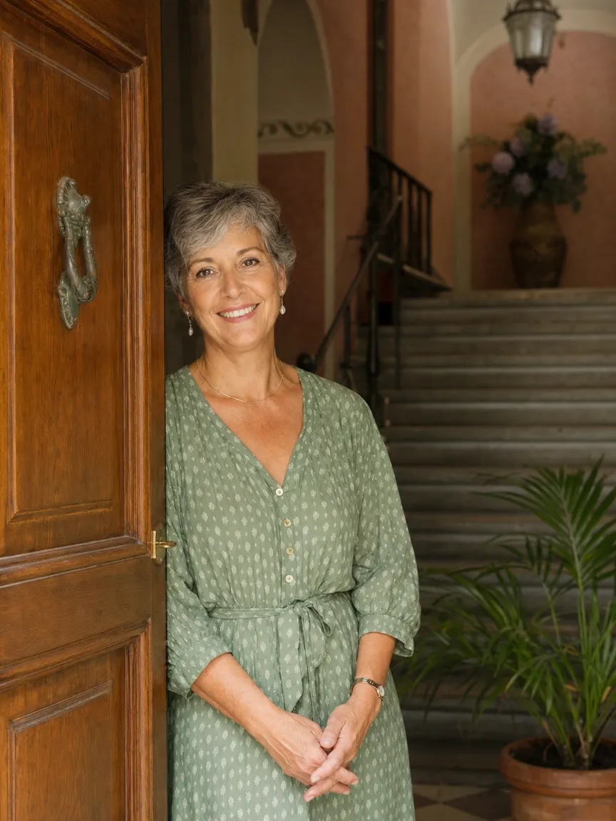 Giovanna sulla porta del palazzo